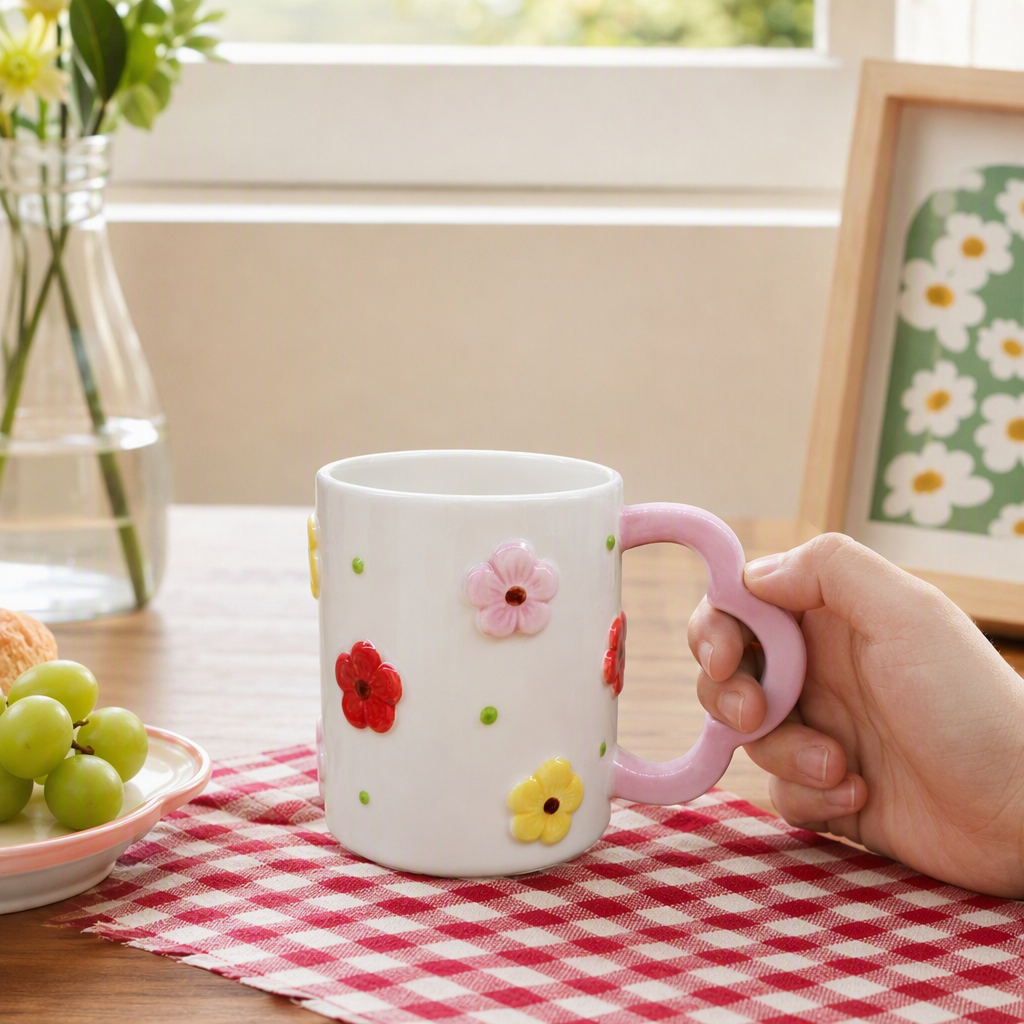 White ceramic cup, pink heart-shaped handle, colorful three-dimensional flower decoration, creative coffee and tea set gift, household heat-resistant details Picture