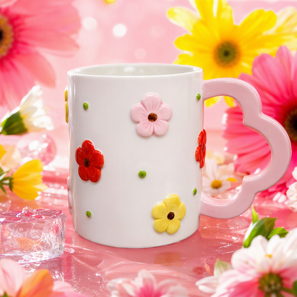 White ceramic cup, pink heart-shaped handle, colorful three-dimensional flower decoration, creative coffee and tea set gift, household heat-resistant Specification image