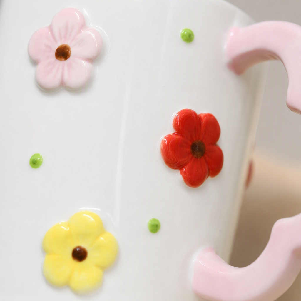 White ceramic cup, pink heart-shaped handle, colorful three-dimensional flower decoration, creative coffee and tea set gift, household heat-resistant Application Scenario