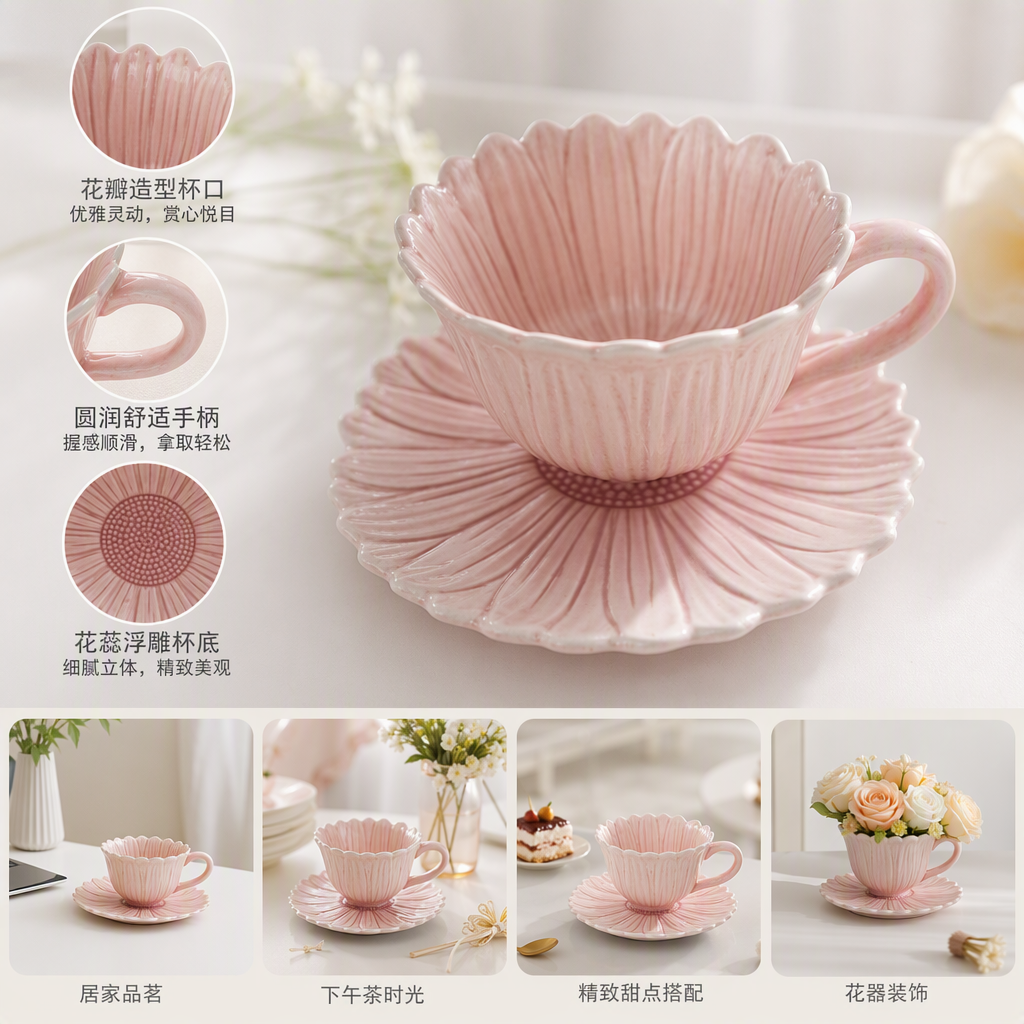 Pink petal-shaped ceramic tea cups with tea saucers, elegant, simple and fashionable home and office tea set
