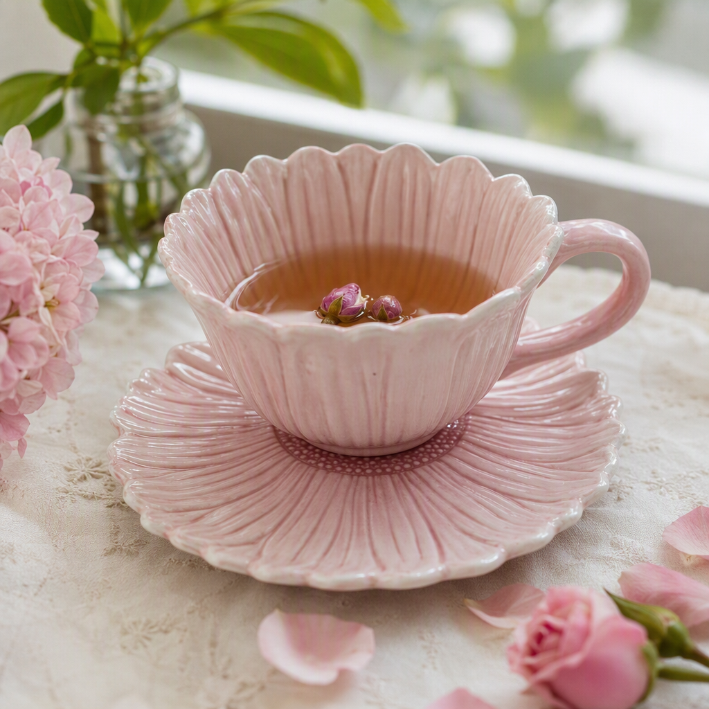 Pink petal-shaped ceramic tea cups with tea saucers, elegant, simple and fashionable home and office tea set details Picture
