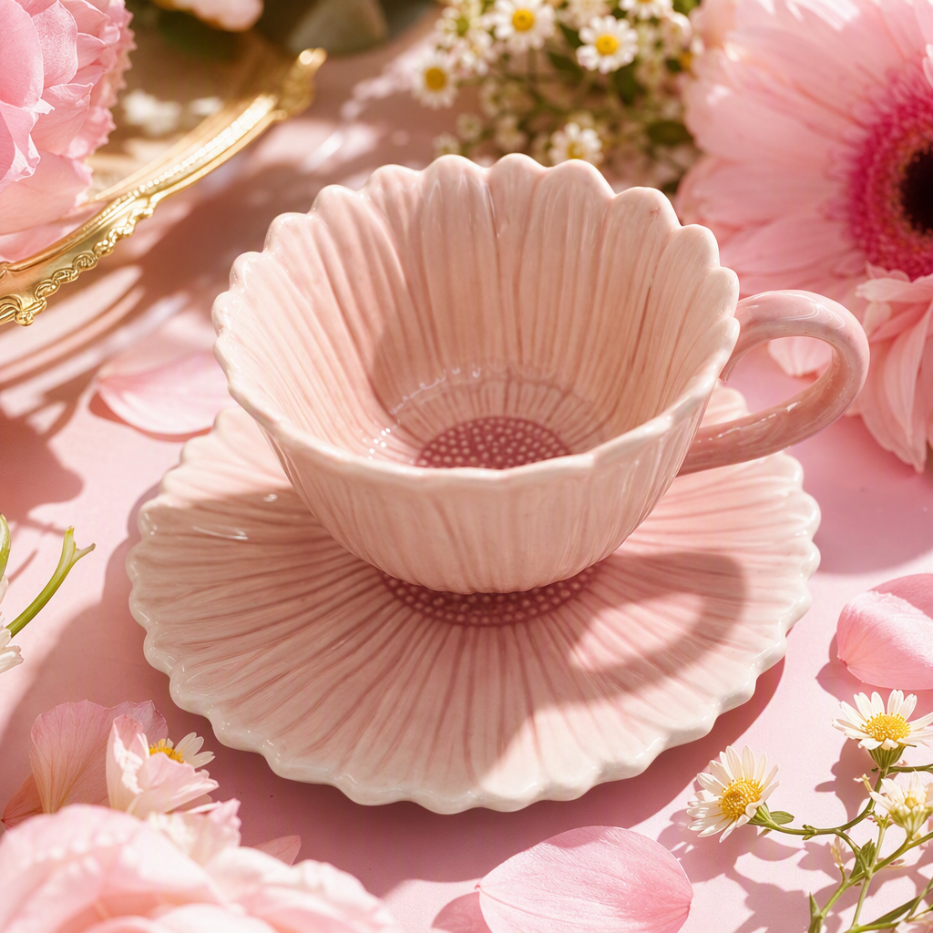 Pink petal-shaped ceramic tea cups with tea saucers, elegant, simple and fashionable home and office tea set Specification image