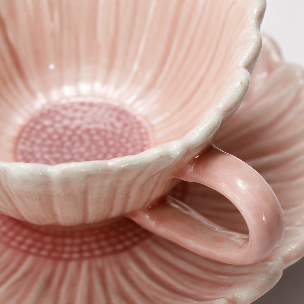 Pink petal-shaped ceramic tea cups with tea saucers, elegant, simple and fashionable home and office tea set Application Scenario