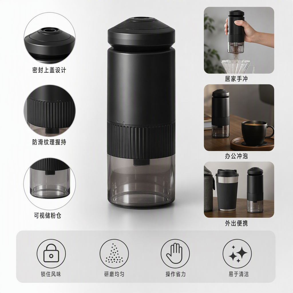 Mini portable manual coffee grinder, black coffee mill, portable home travel essential tool