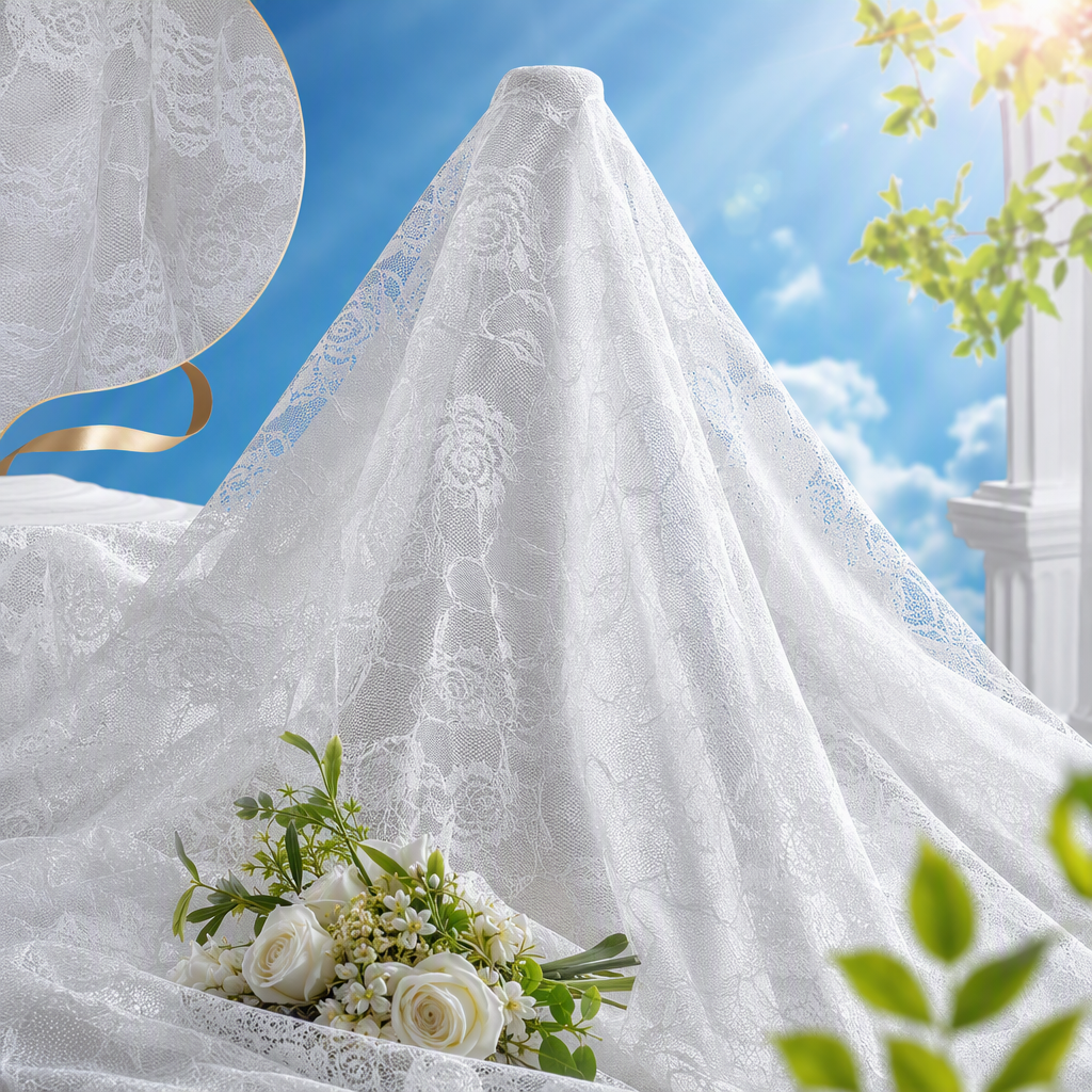 Polyester rose, elegant white lace fabric, DIY wedding dress, curtain and clothing decoration fabric, soft and breathable Specification image