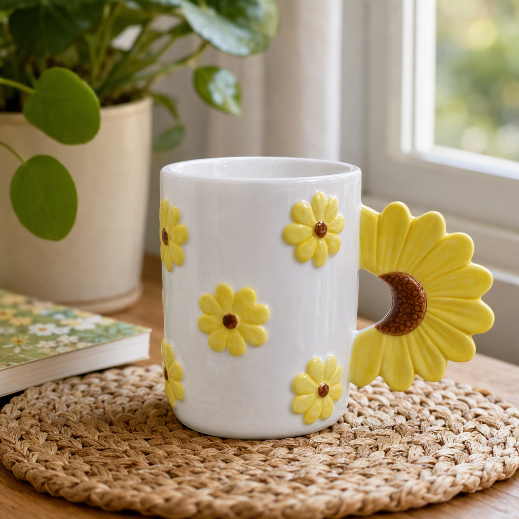 White ceramic cup, yellow Daisy pattern sunflower handle, creative coffee and tea set, home and office gift details Picture
