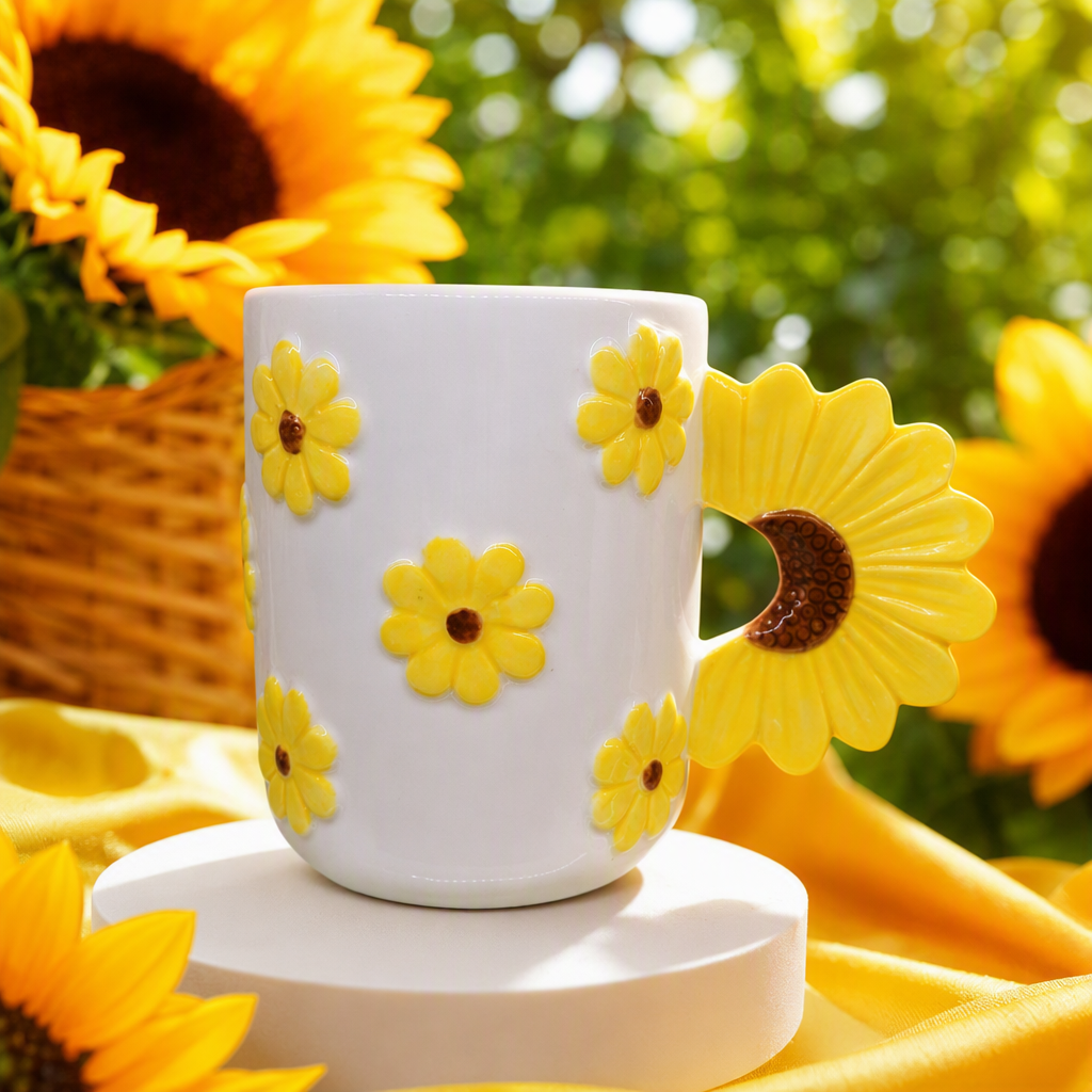 White ceramic cup, yellow Daisy pattern sunflower handle, creative coffee and tea set, home and office gift Specification image