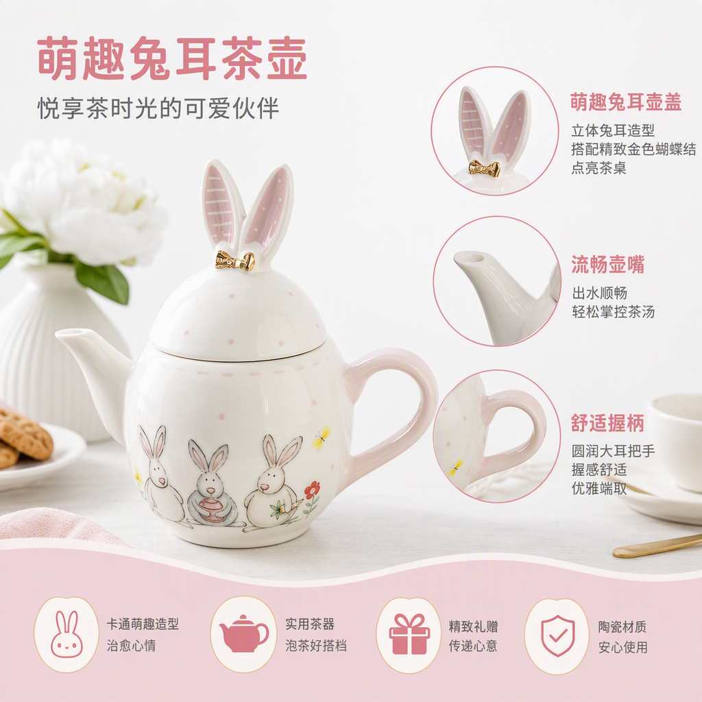 The creative white rabbit-shaped ceramic teapot is cute and fun. It is a simple and practical home tea set gift decoration