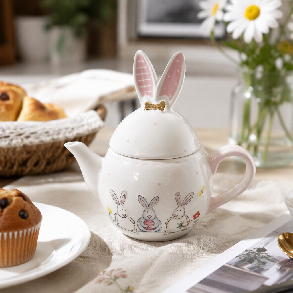 The creative white rabbit-shaped ceramic teapot is cute and fun. It is a simple and practical home tea set gift decoration details Picture