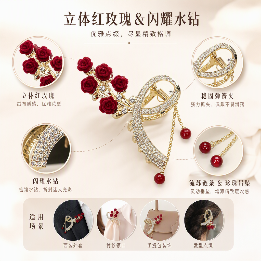 New Chinese-style wine red velvet rose grappling clip, diamond-encrusted tassel pendant, shark clip, festive bride's updo headwear, hair clip Application Scenario