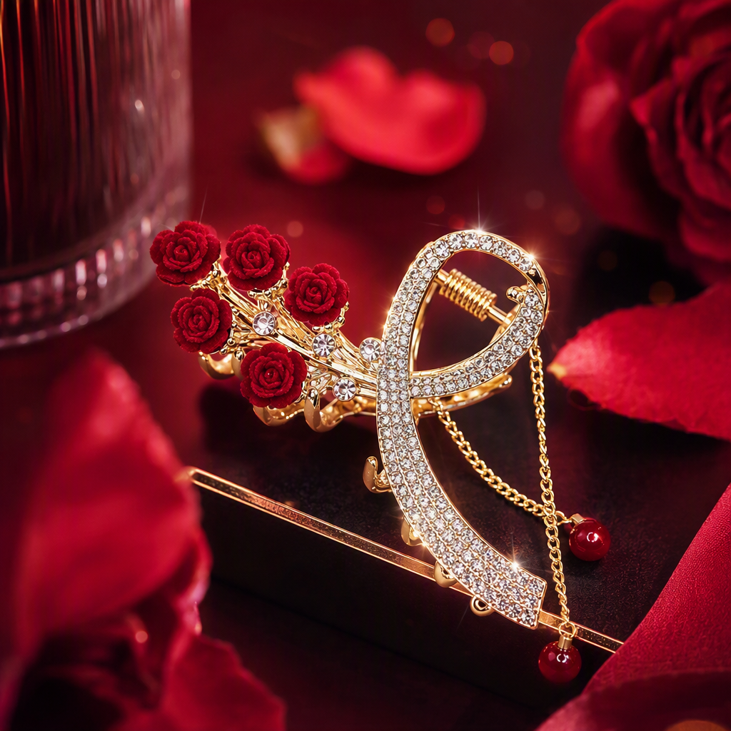 New Chinese-style wine red velvet rose grappling clip, diamond-encrusted tassel pendant, shark clip, festive bride's updo headwear, hair clip details Picture