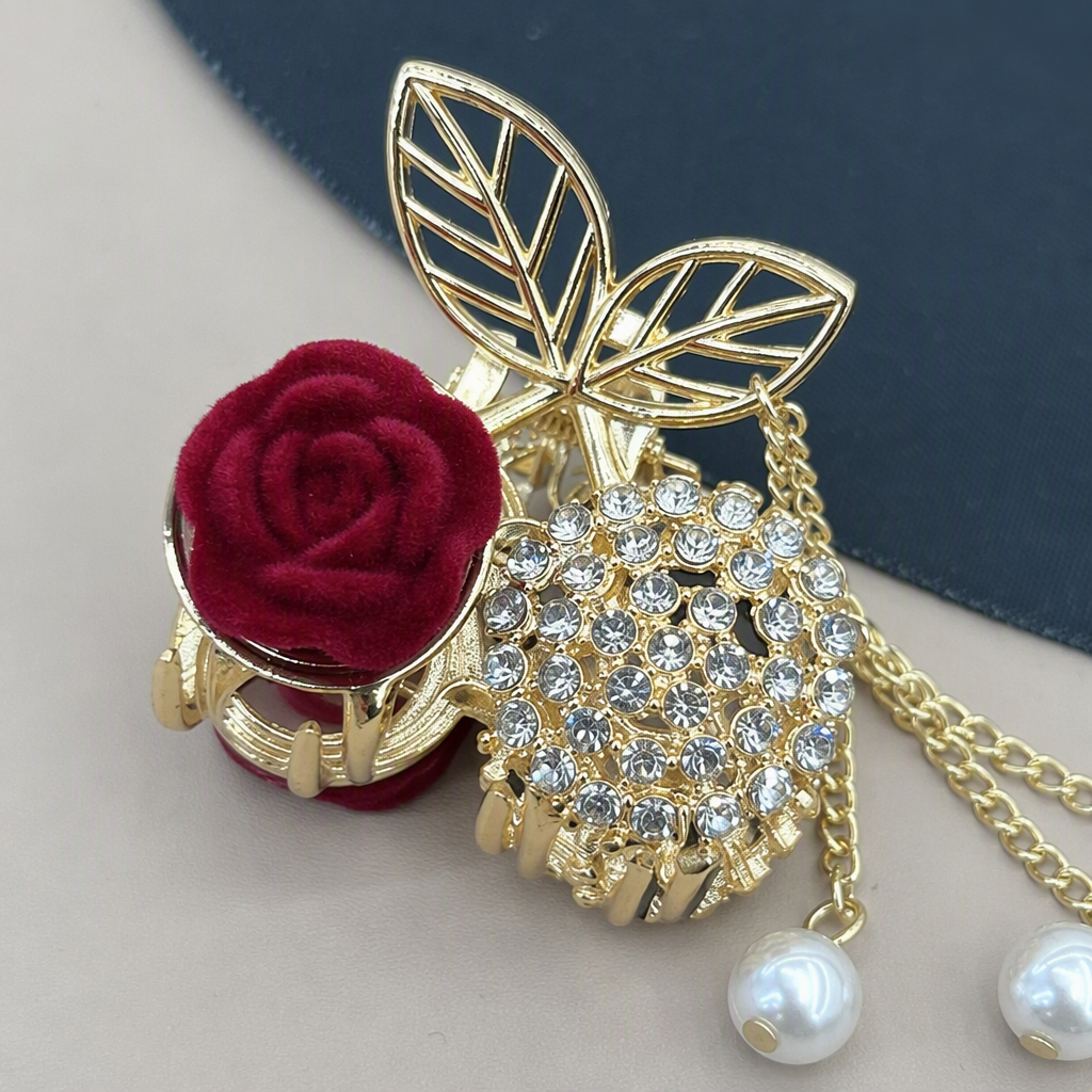 New Chinese-style wine red velvet rose grappling clip, diamond-encrusted tassel pendant, shark clip, festive bride's updo headwear, hair clip full image
