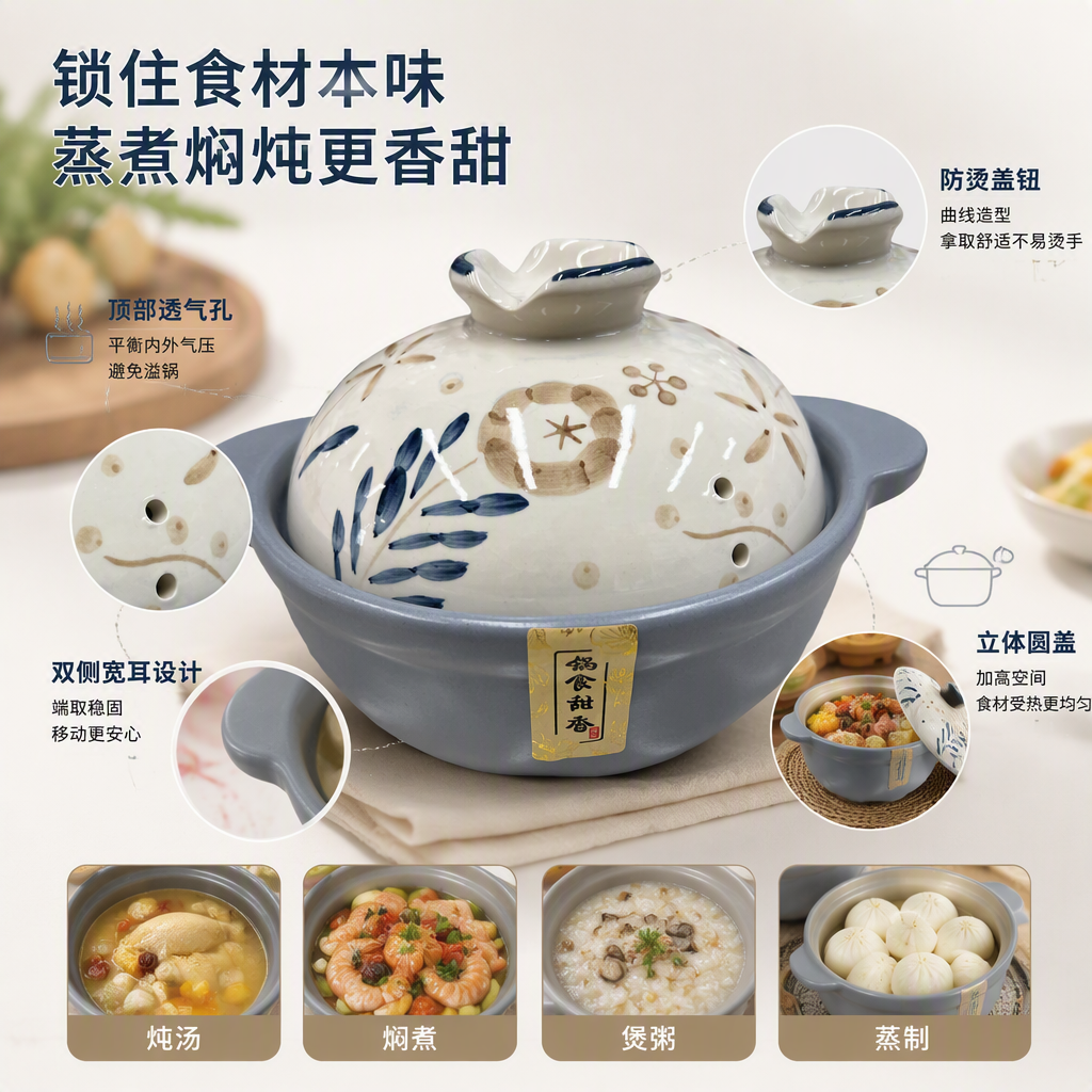 Blue-gray ceramic pot with floral pattern lid, heat-resistant and non-stick, kitchen stewing soup pot, household cookware