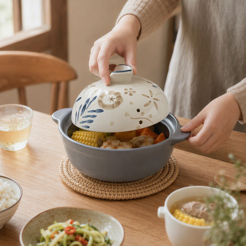 Blue-gray ceramic pot with floral pattern lid, heat-resistant and non-stick, kitchen stewing soup pot, household cookware details Picture