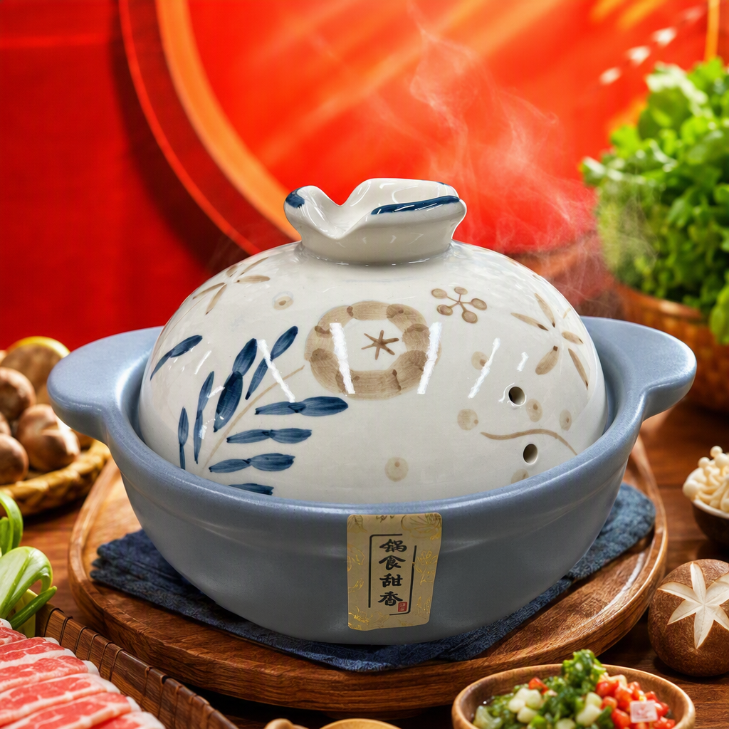 Blue-gray ceramic pot with floral pattern lid, heat-resistant and non-stick, kitchen stewing soup pot, household cookware Specification image