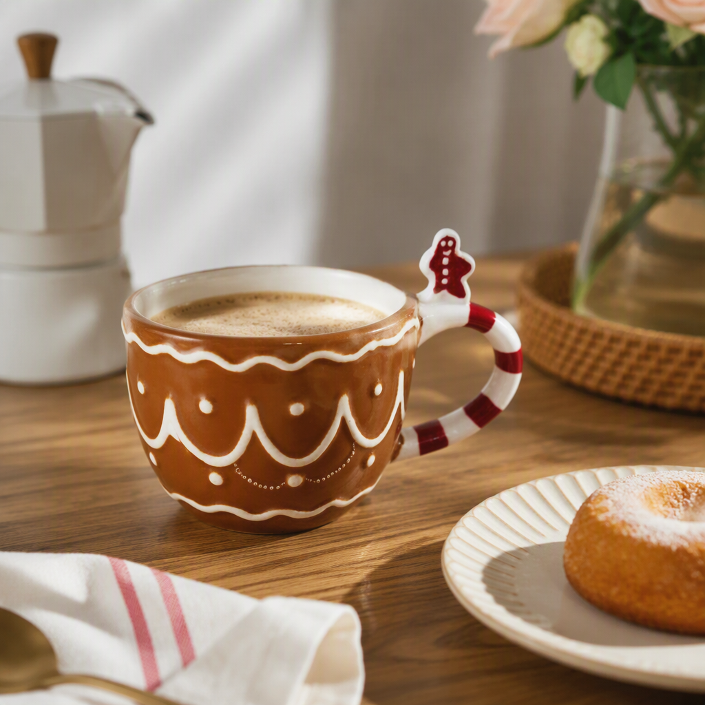 Brown gingerbread cup with red and white striped handle, gingerbread man decorative creative coffee cup, dessert cup home decoration details Picture