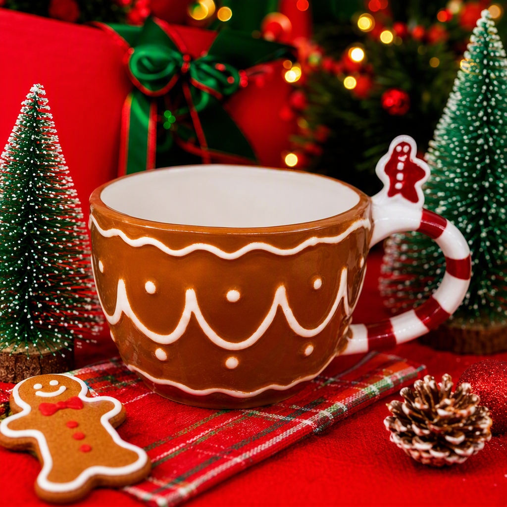 Brown gingerbread cup with red and white striped handle, gingerbread man decorative creative coffee cup, dessert cup home decoration Specification image