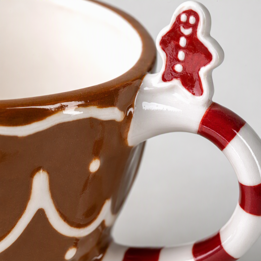 Brown gingerbread cup with red and white striped handle, gingerbread man decorative creative coffee cup, dessert cup home decoration Application Scenario