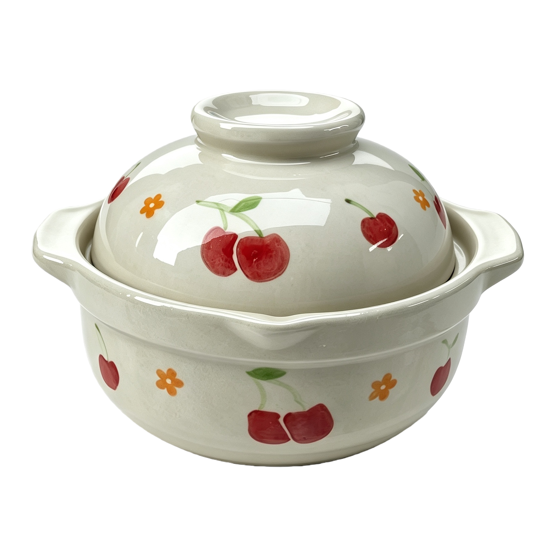 White cherry-patterned ceramic stew pot with lid, household soup pot, health-preserving stew pot, heat-resistant, durable, practical and beautiful Item Picture