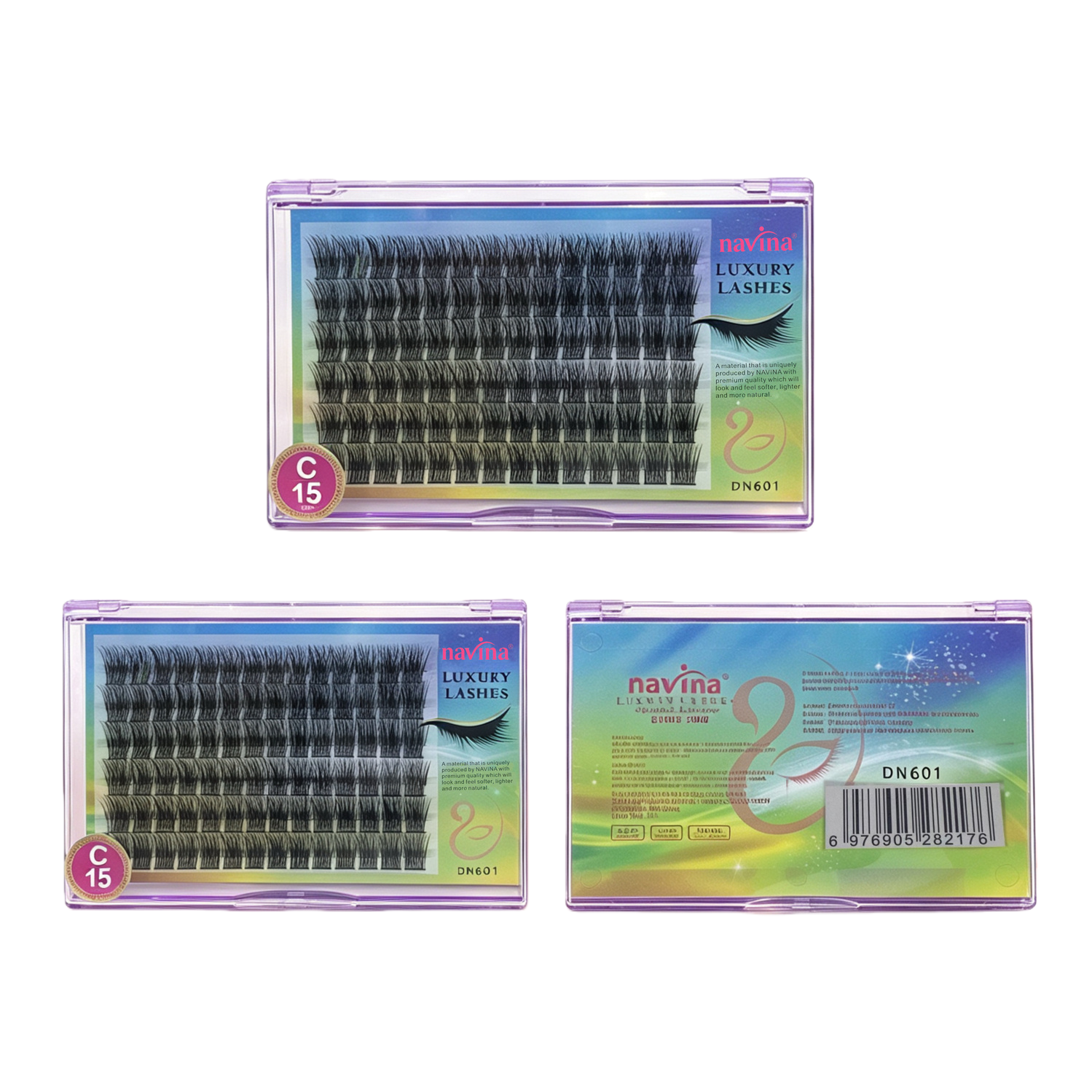 The front and back of the navina brand false eyelash DN601C curly thick black curl transparent plastic box display combination picture Item Picture