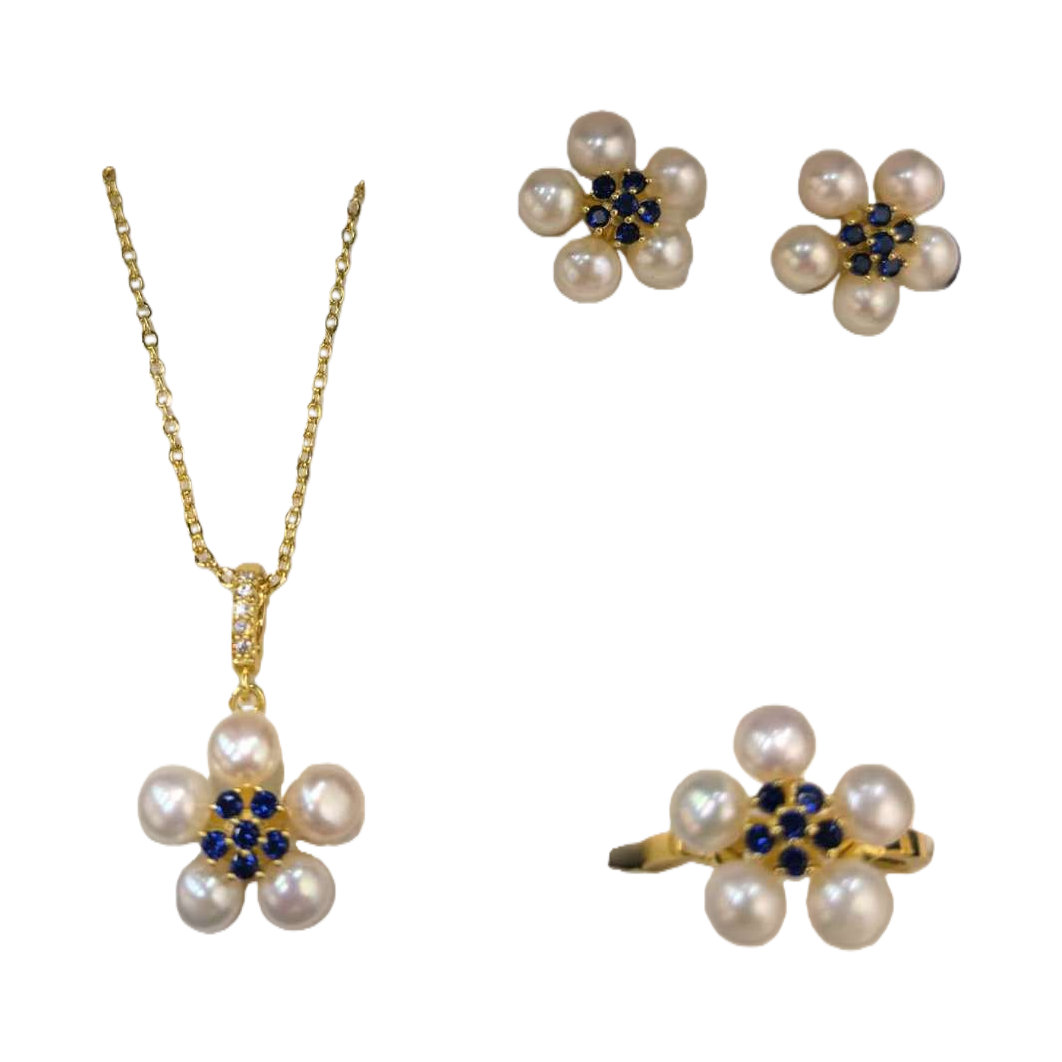 The blue gift box set of golden pearl and sapphire flower-shaped jewelry is an elegant and fashionable gift Item Picture