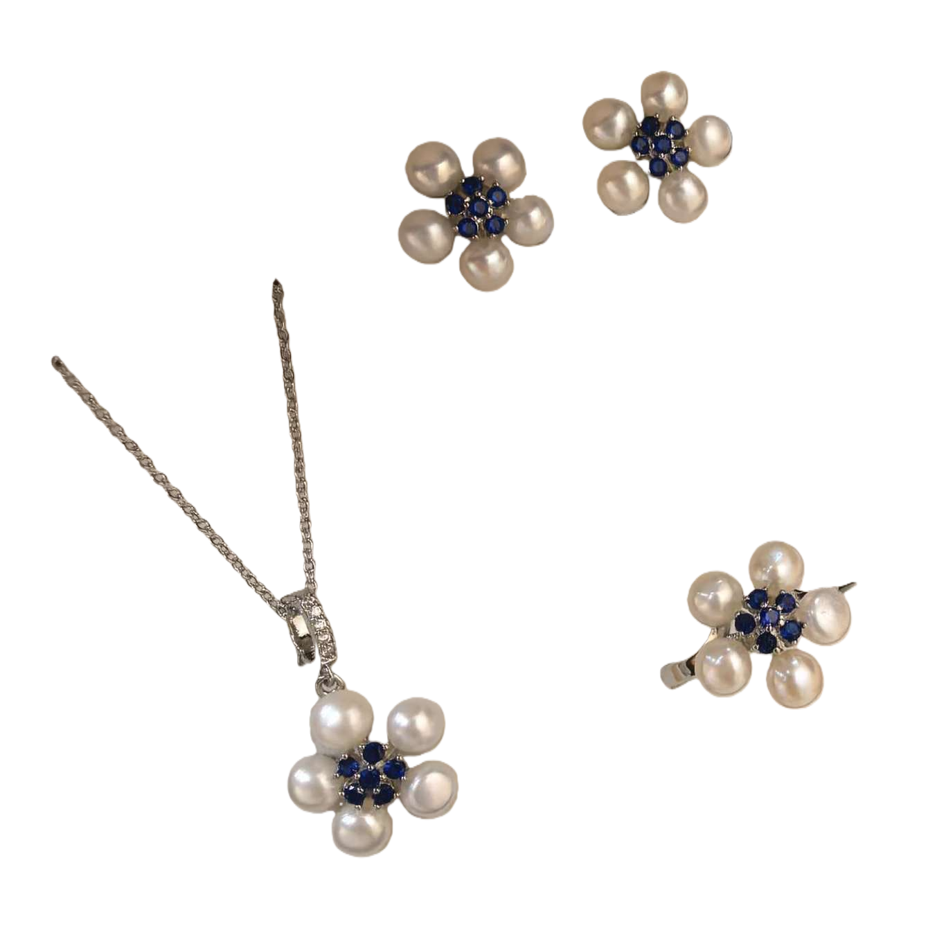 Pearl and sapphire flower-shaped jewelry set in blue gift box, fashionable and versatile, perfect for your girlfriend as a couple's gift and accessory combination Item Picture