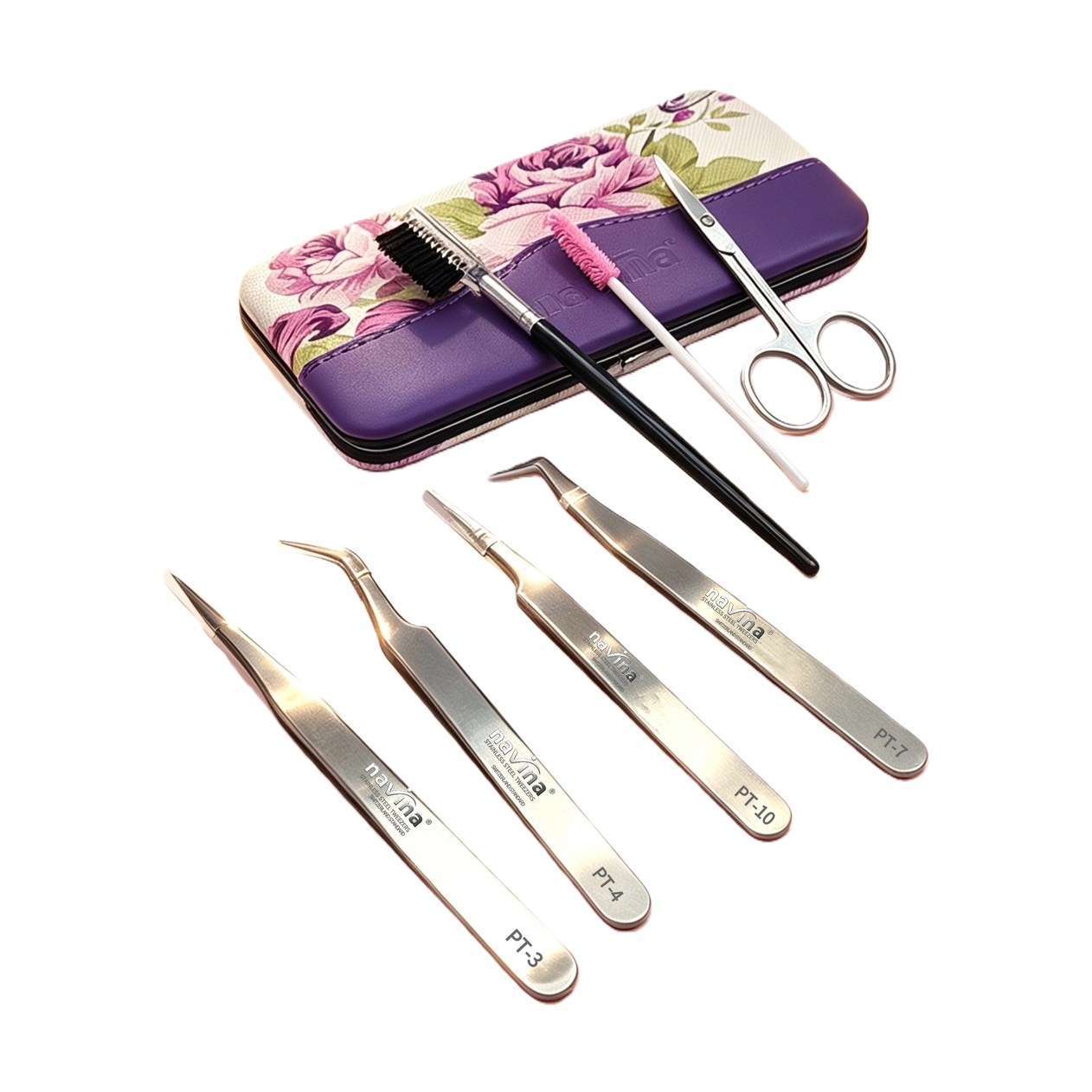 Conjunto de herramientas ciliar paquete de almacenamiento de flores púrpura pinzas de cuatro metales cepillo de cejas negro cepillo de pestañas rosa tijeras de plata belleza suministros de maquillaje Item Picture