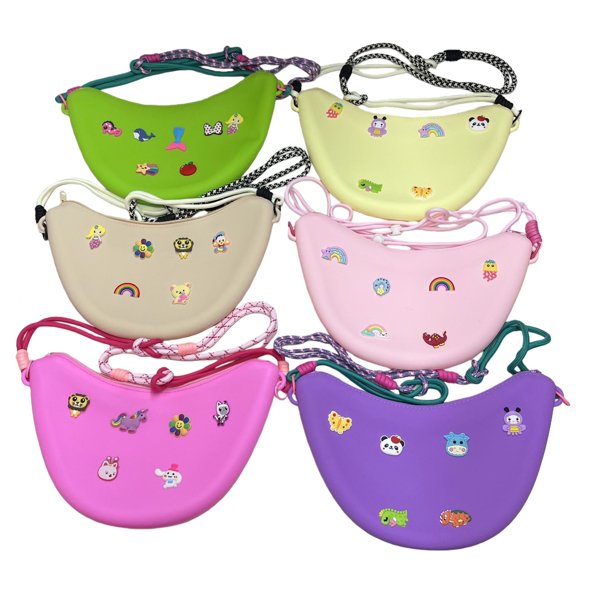 Six colorful half-moon children's crossbody bags with cartoon stickers, colorful silicone small bags and woven shoulder straps, cute and trendy styles Item Picture