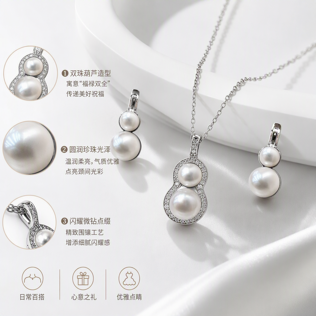 Silver gourd-shaped pearl necklace and earring set, a fashionable and elegant women's accessory gift