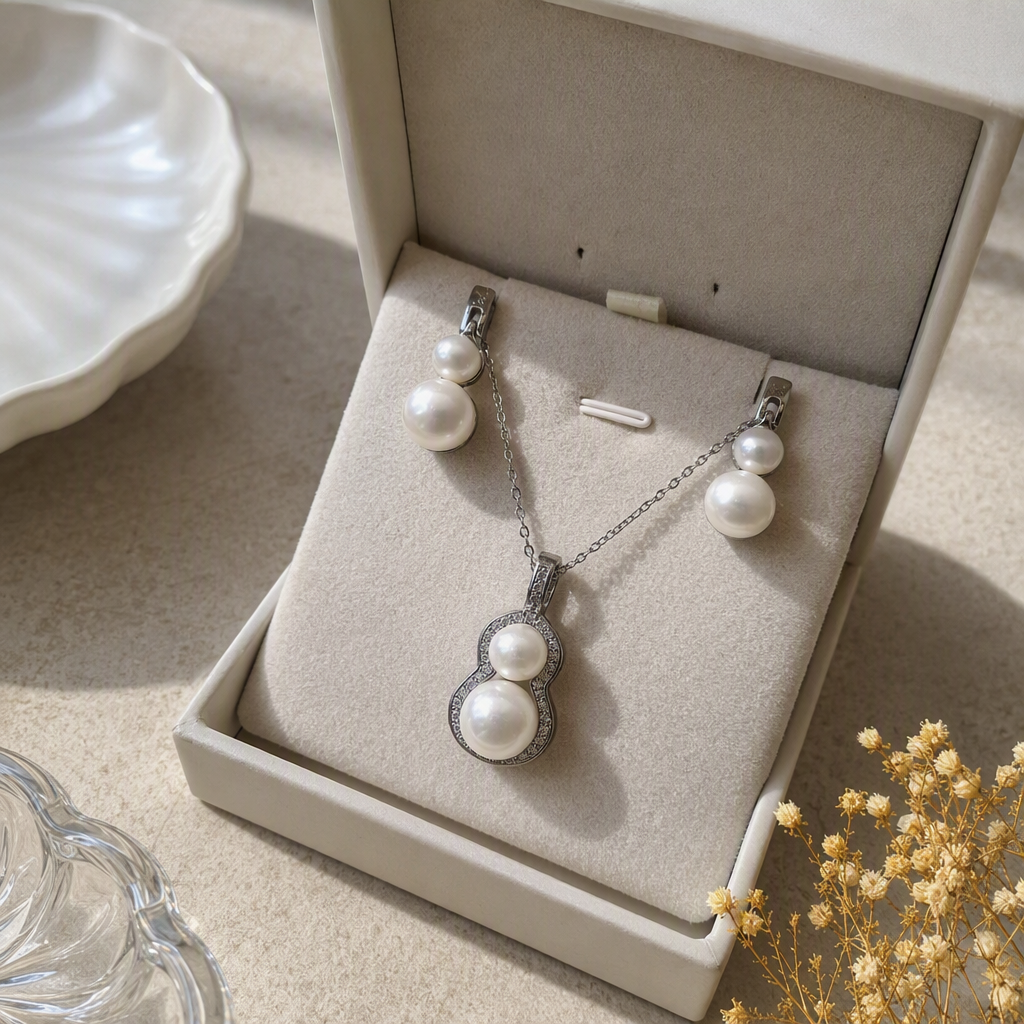 Silver gourd-shaped pearl necklace and earring set, a fashionable and elegant women's accessory gift details Picture