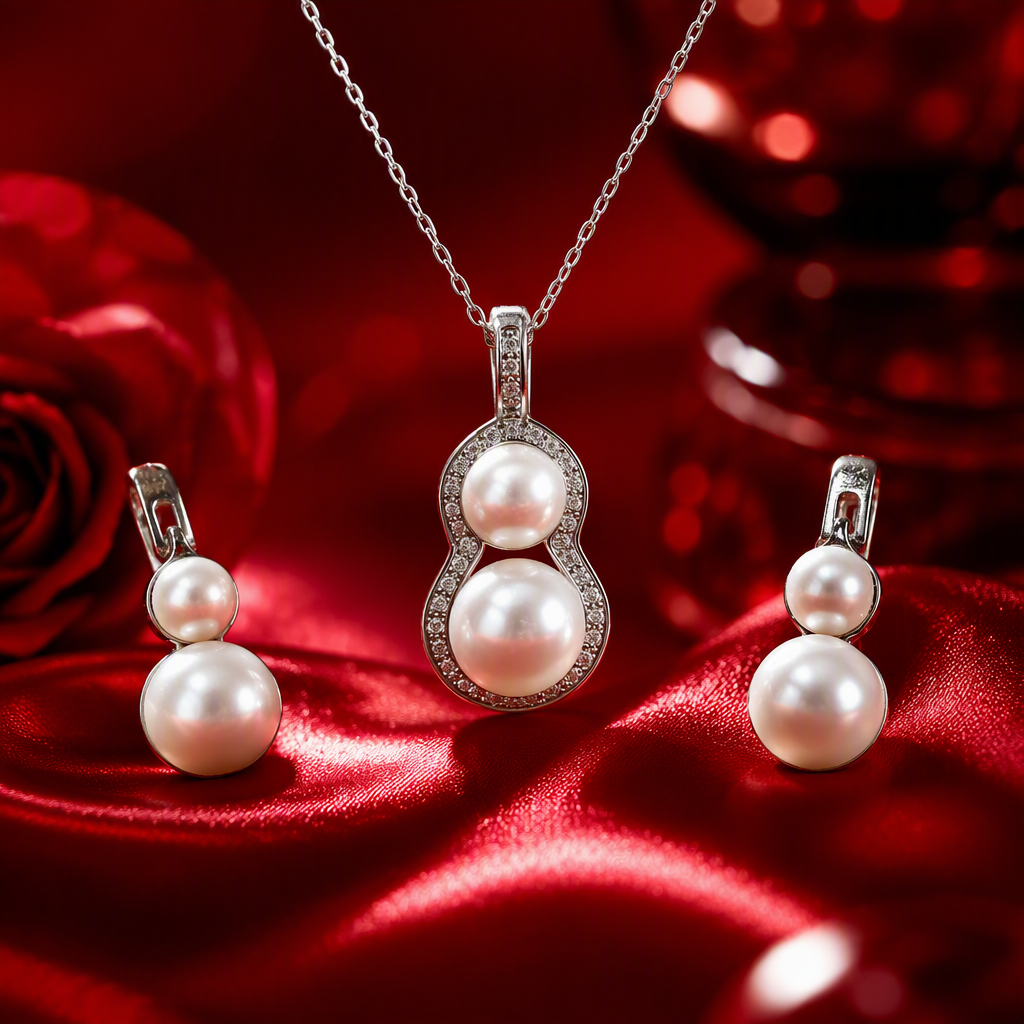Silver gourd-shaped pearl necklace and earring set, a fashionable and elegant women's accessory gift Specification image