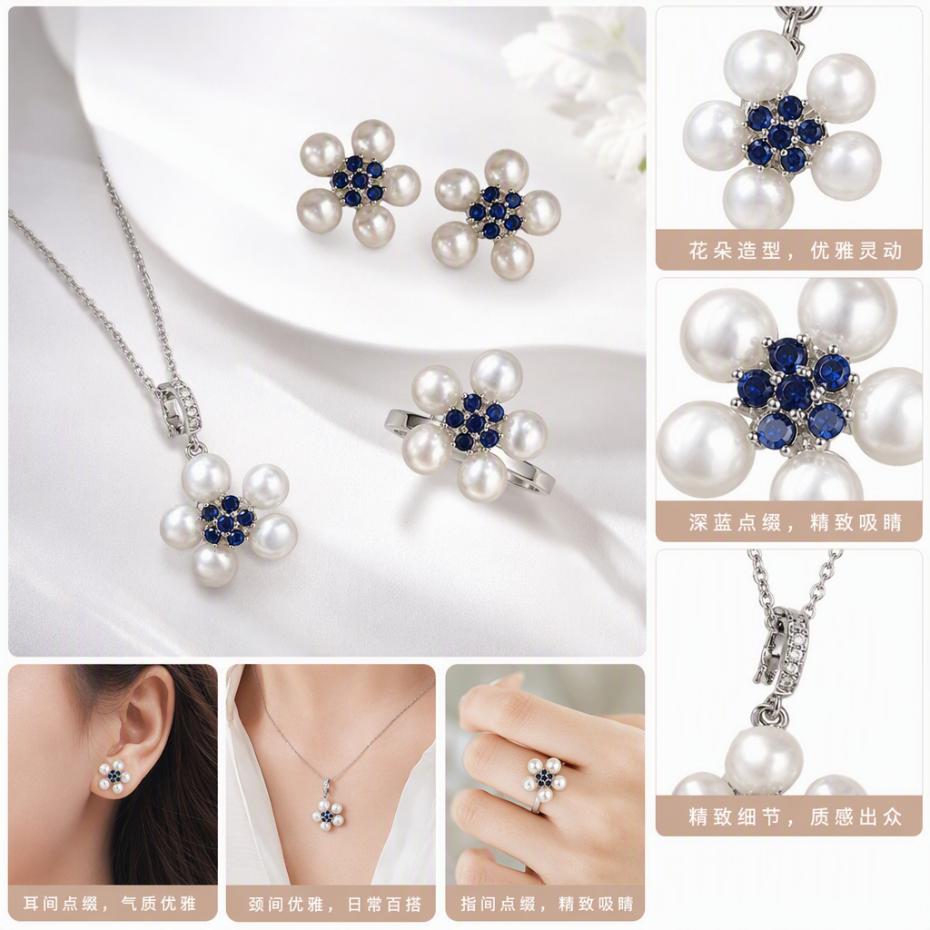 Pearl and sapphire flower-shaped jewelry set in blue gift box, fashionable and versatile, perfect for your girlfriend as a couple's gift and accessory combination