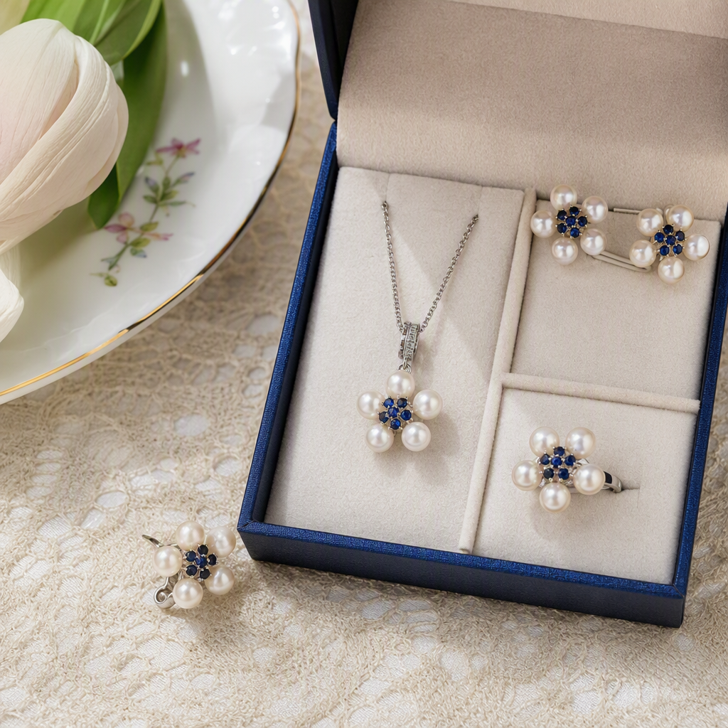 Pearl and sapphire flower-shaped jewelry set in blue gift box, fashionable and versatile, perfect for your girlfriend as a couple's gift and accessory combination details Picture