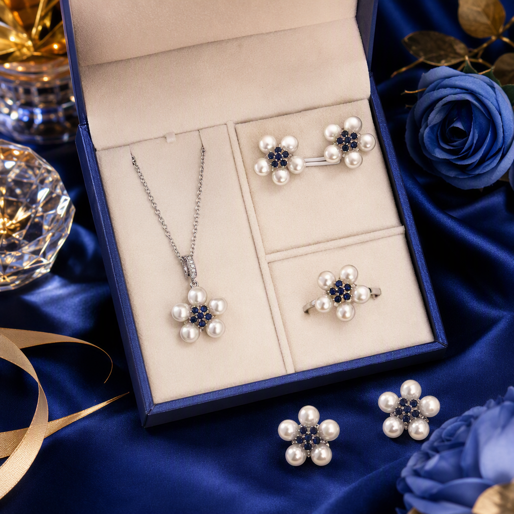 Pearl and sapphire flower-shaped jewelry set in blue gift box, fashionable and versatile, perfect for your girlfriend as a couple's gift and accessory combination Specification image