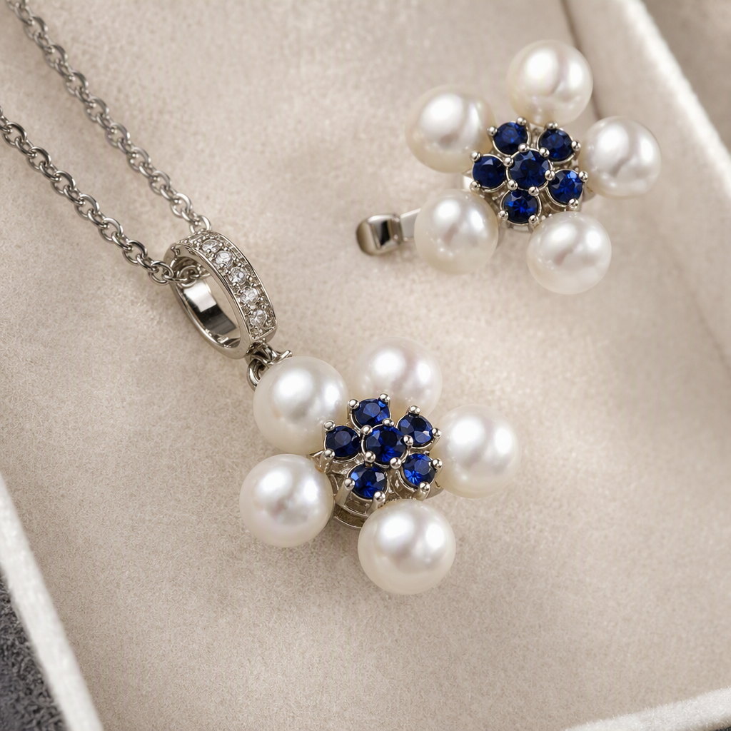 Pearl and sapphire flower-shaped jewelry set in blue gift box, fashionable and versatile, perfect for your girlfriend as a couple's gift and accessory combination Application Scenario