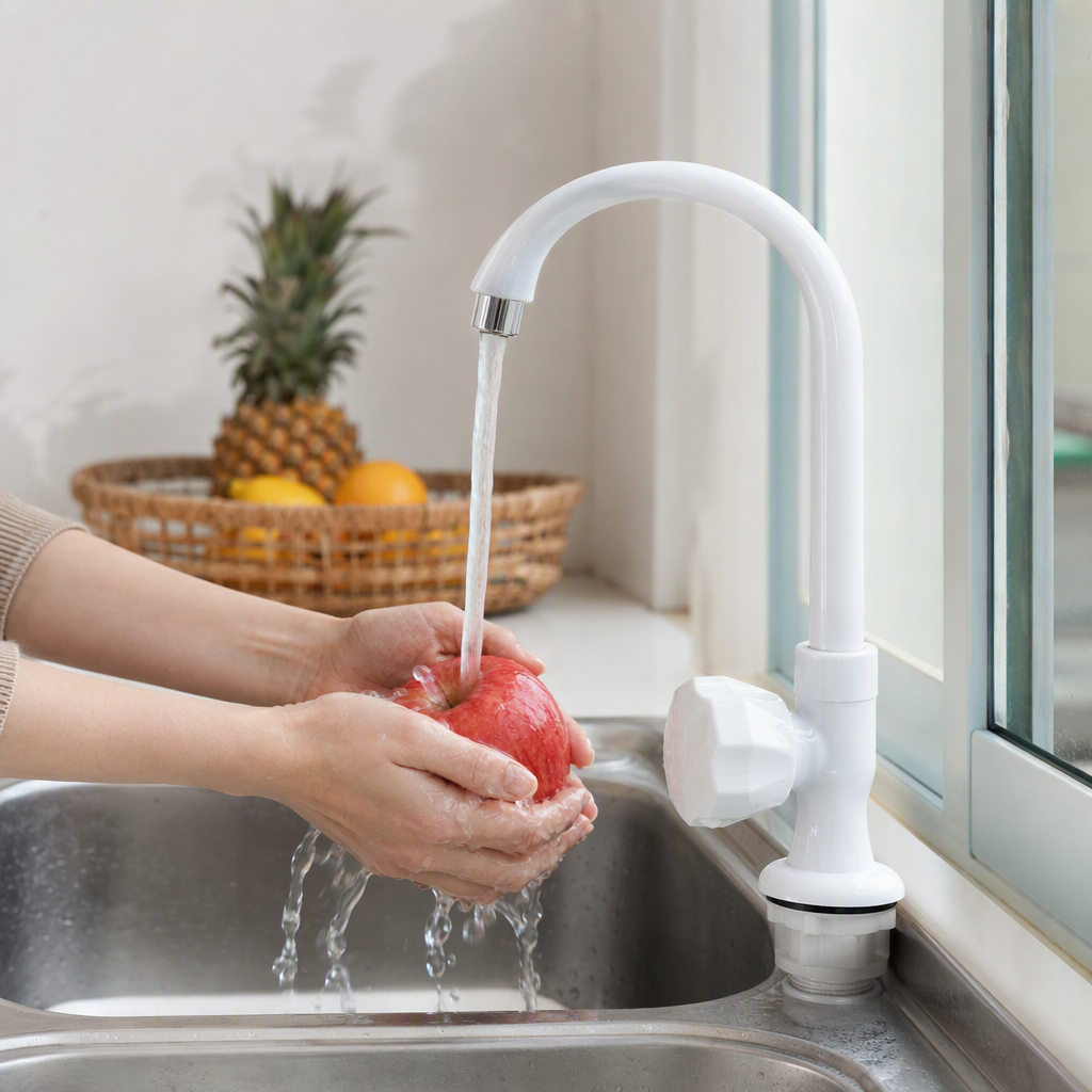 High-end white plastic faucet, a simple and durable household accessory for kitchens and bathrooms details Picture