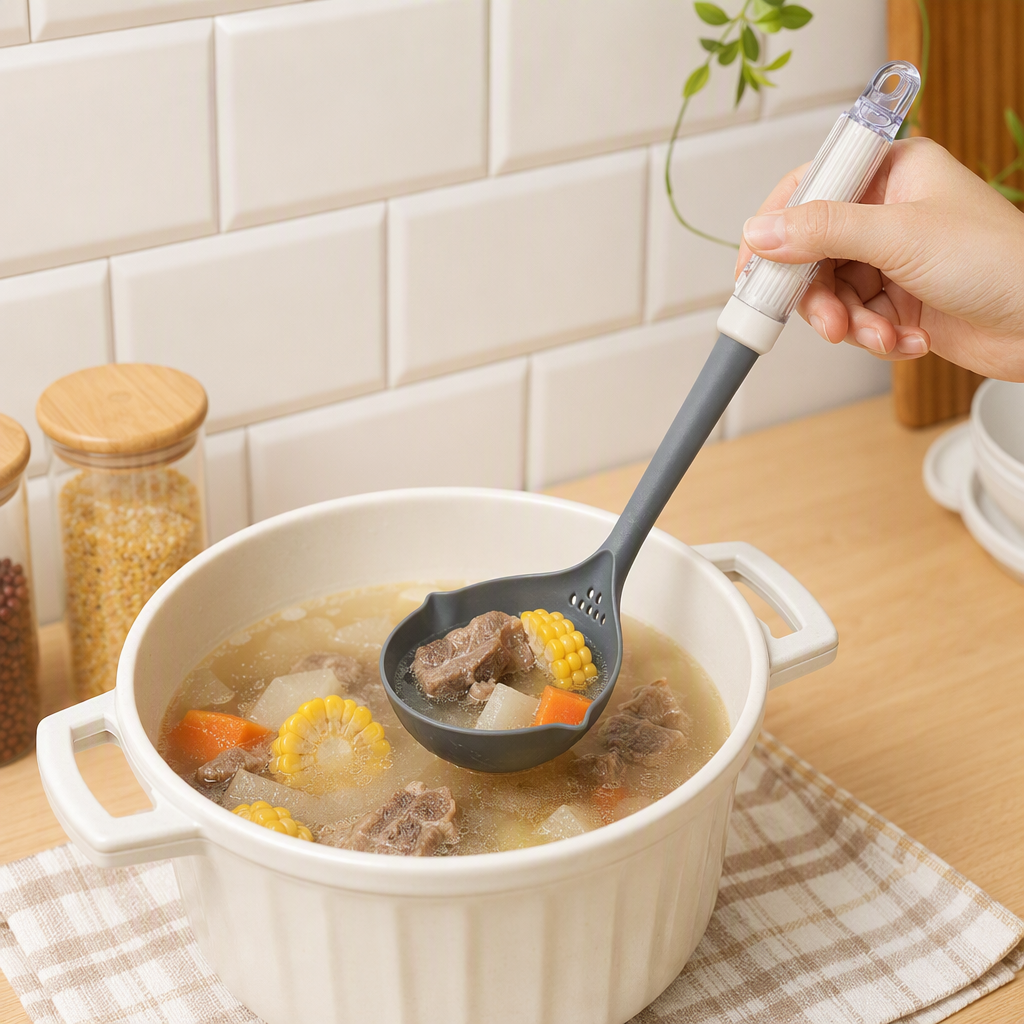 Kitchen stainless steel strainer, thickened heat-resistant screen, soup spoon, kitchenware, cooking tools, grey style details Picture