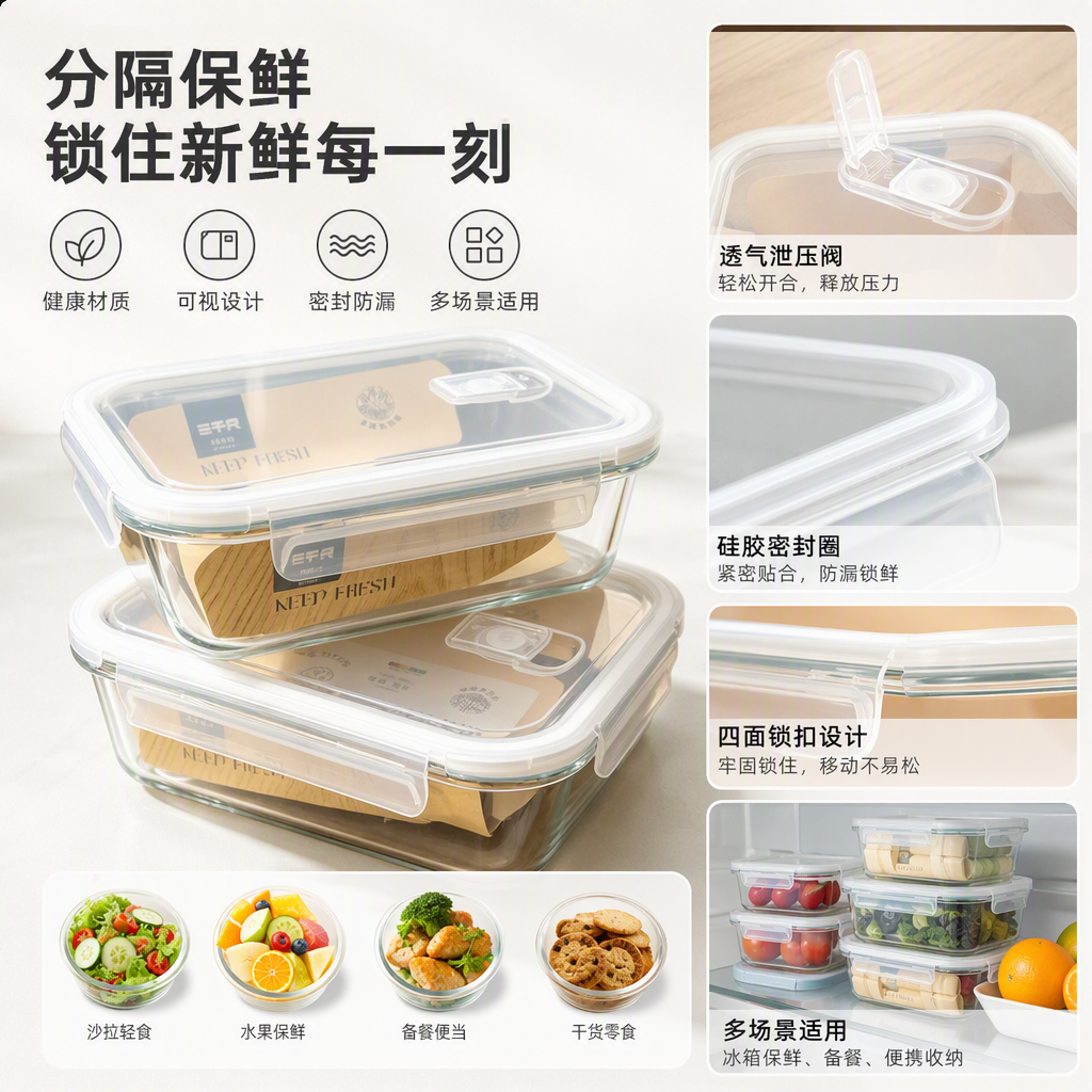 【CL】26Q3#6813 Square glass food storage container, 1040ml