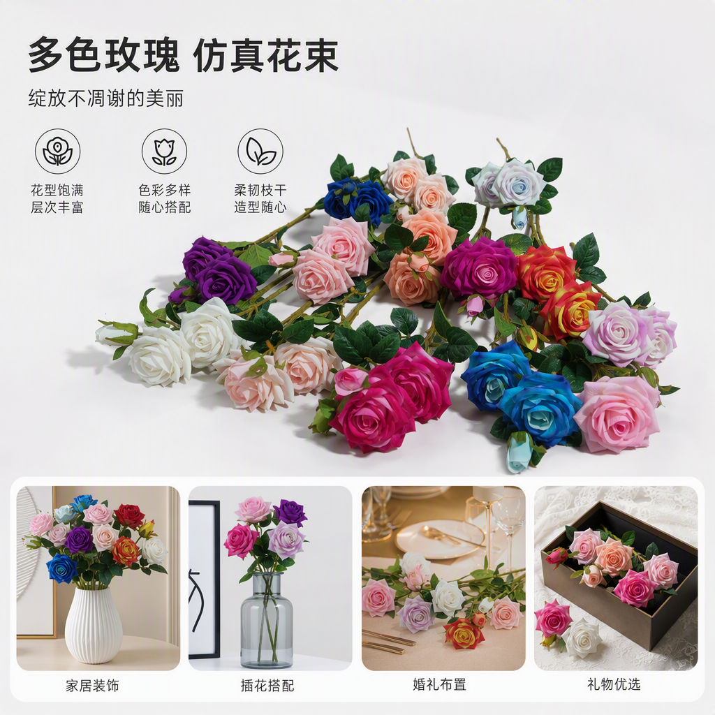 多彩仿真玫瑰花束浪漫婚礼插花室内装饰礼品送女生情人节礼物
