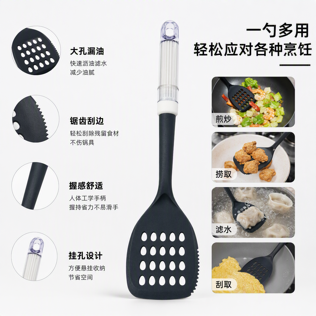 Stainless steel grey perforated colander kitchenware comes with a brand packaging card. Durable and practical kitchenware tools
