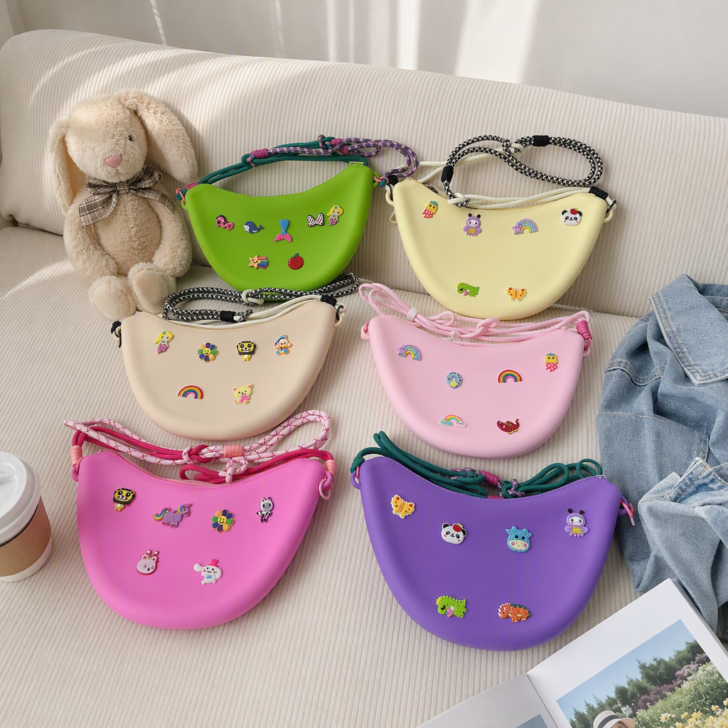 Six colorful half-moon children's crossbody bags with cartoon stickers, colorful silicone small bags and woven shoulder straps, cute and trendy styles details Picture