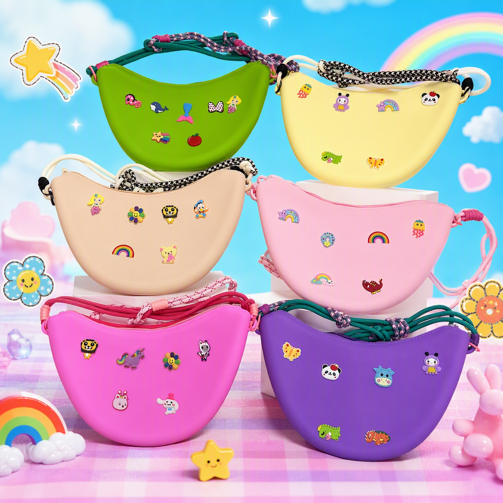 Six colorful half-moon children's crossbody bags with cartoon stickers, colorful silicone small bags and woven shoulder straps, cute and trendy styles Specification image
