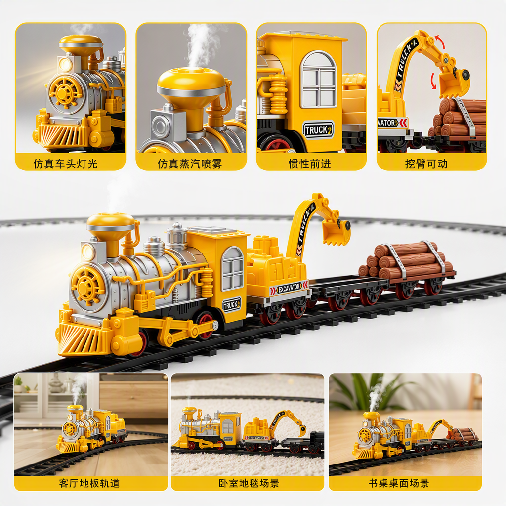 Tren de vapor eléctrico amarillo juego de juguetes contiene caldera de plata locomotora amarilla excavadora accesorios transporte pista de madera humo blanco juguetes educativos para niños