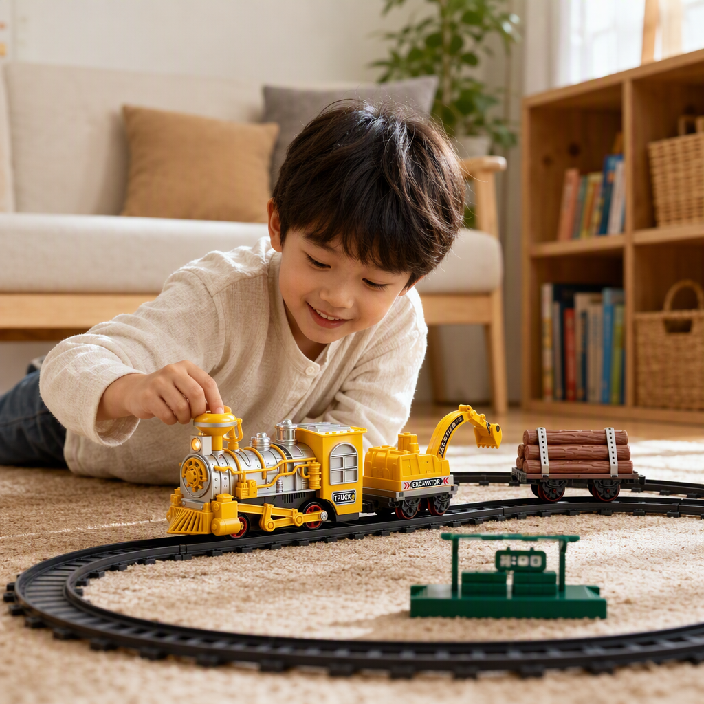 Yellow electric steam train toy set, including silver boiler, yellow locomotive head, excavator parts, transportation wooden tracks, white smoke, children's educational toys details Picture