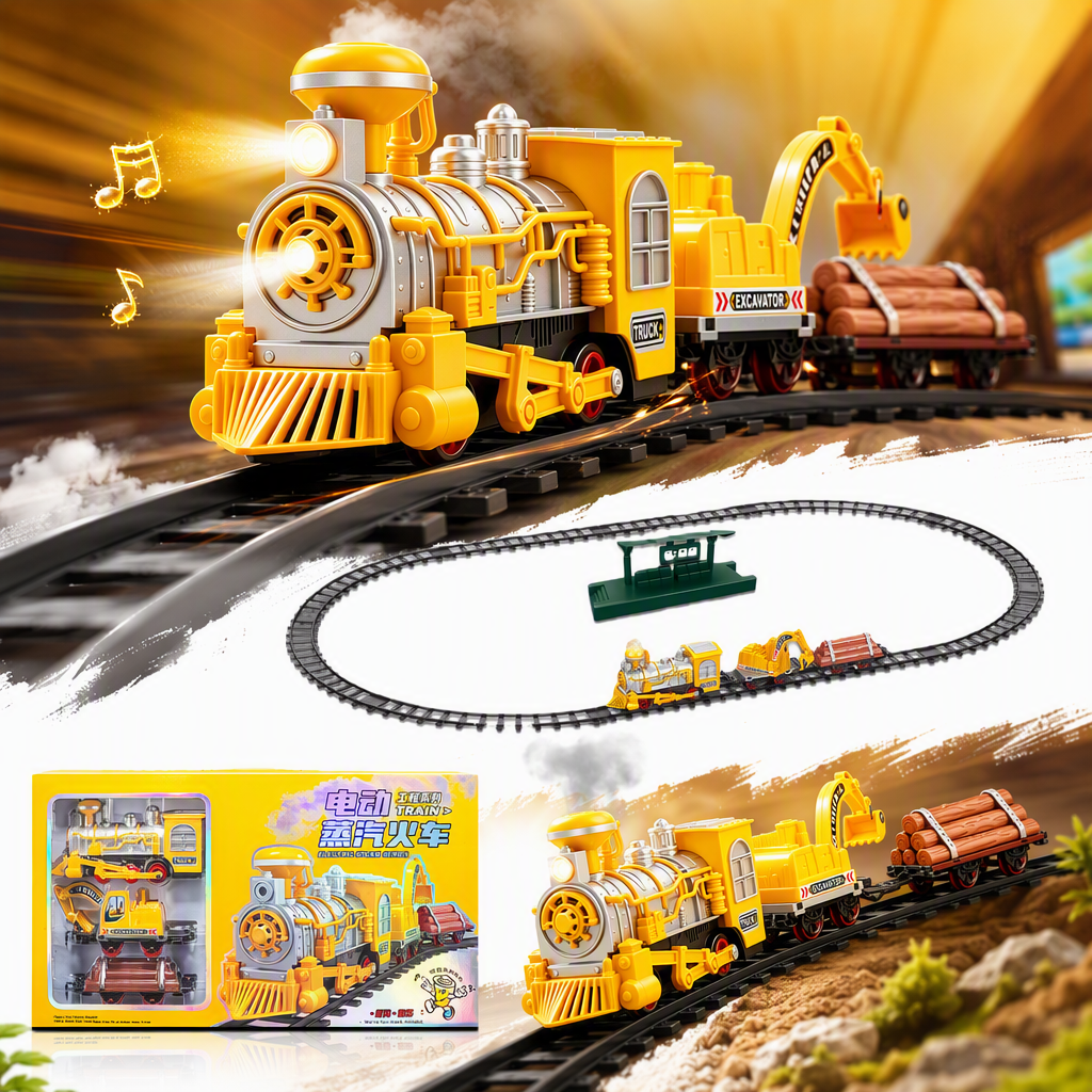 Yellow electric steam train toy set, including silver boiler, yellow locomotive head, excavator parts, transportation wooden tracks, white smoke, children's educational toys Specification image