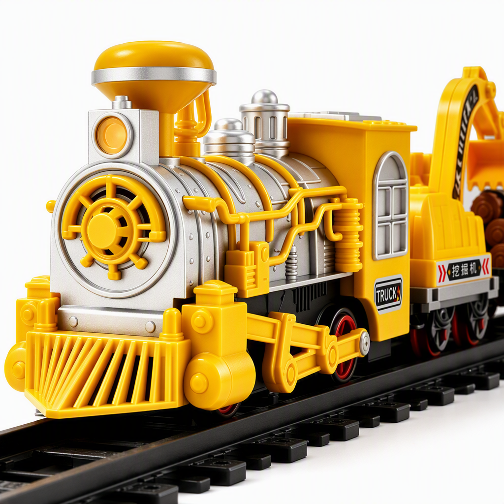 Yellow electric steam train toy set, including silver boiler, yellow locomotive head, excavator parts, transportation wooden tracks, white smoke, children's educational toys Application Scenario