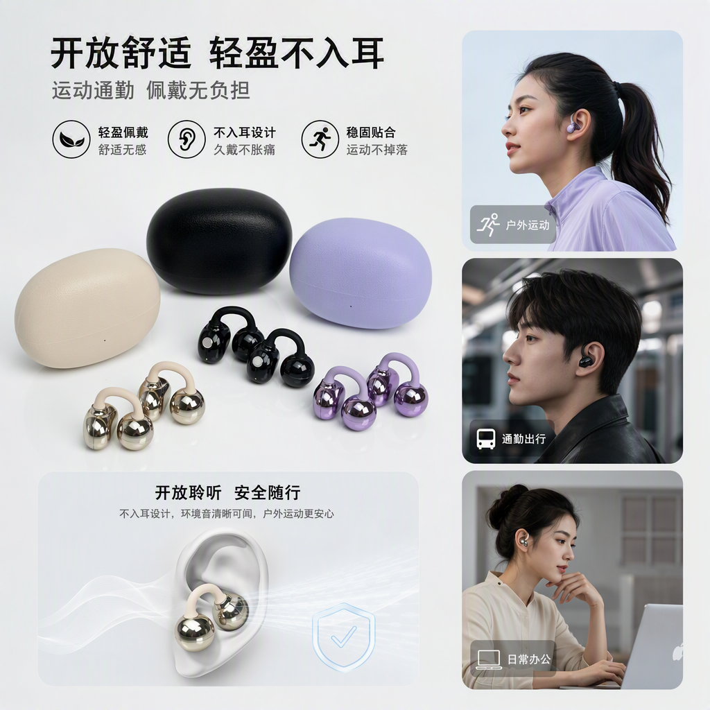 Black, purple and beige wireless earphone cases with charging cases. The fashionable and portable packaging box design is available in multiple colors