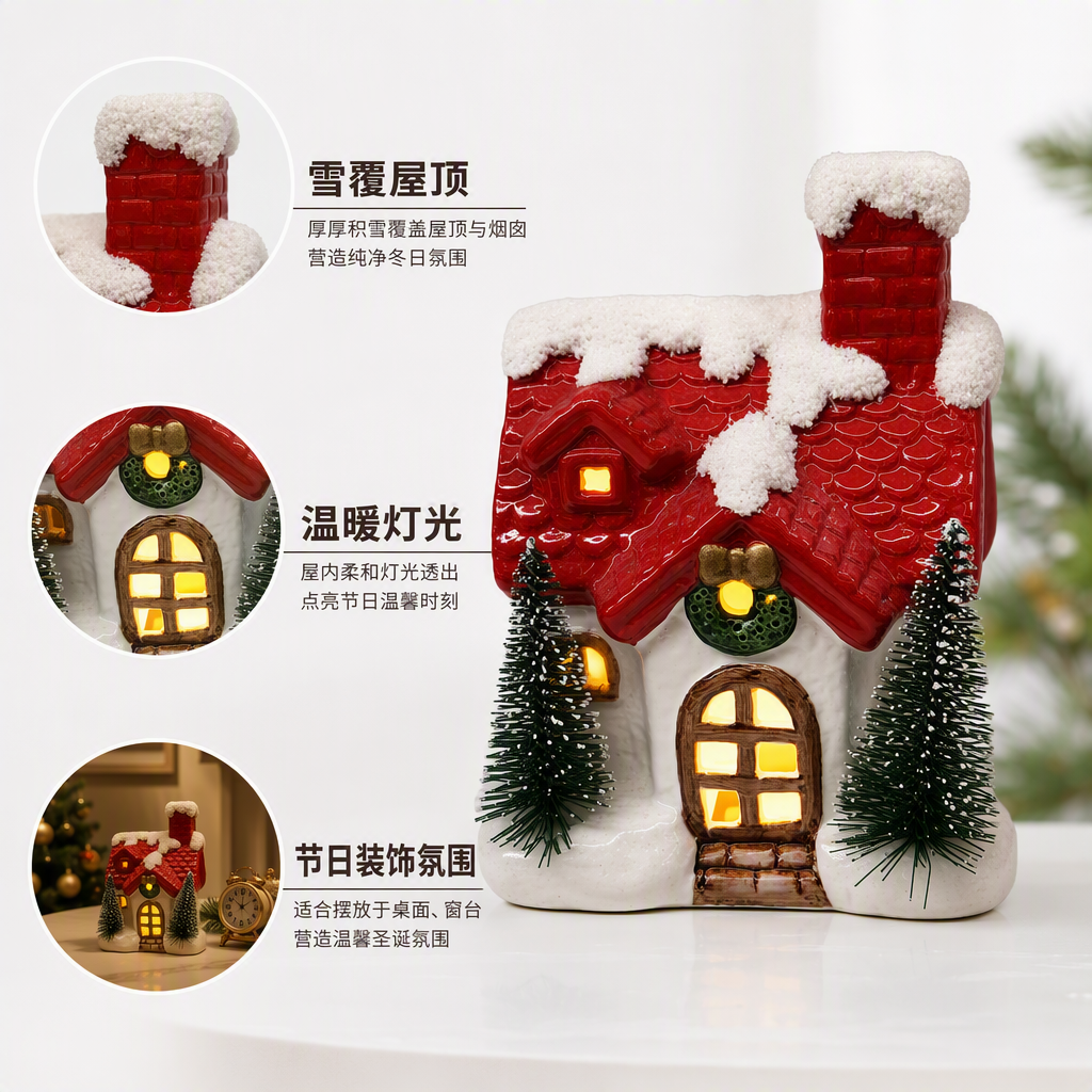 红色屋顶雪景小屋摆件圣诞节装饰品温馨雪景模型家庭装饰用品