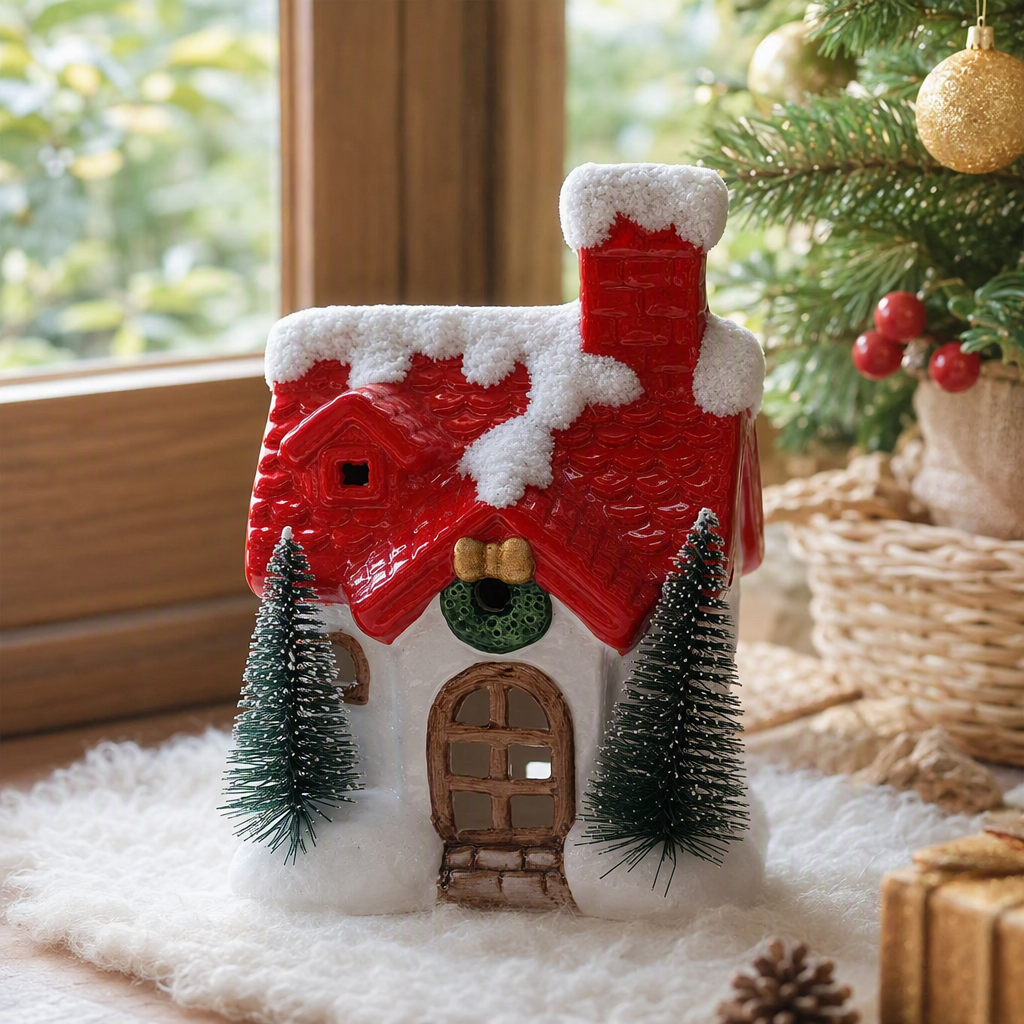 Red-roofed snow scene house ornaments, Christmas decorations, warm snow scene models, home decoration items details Picture