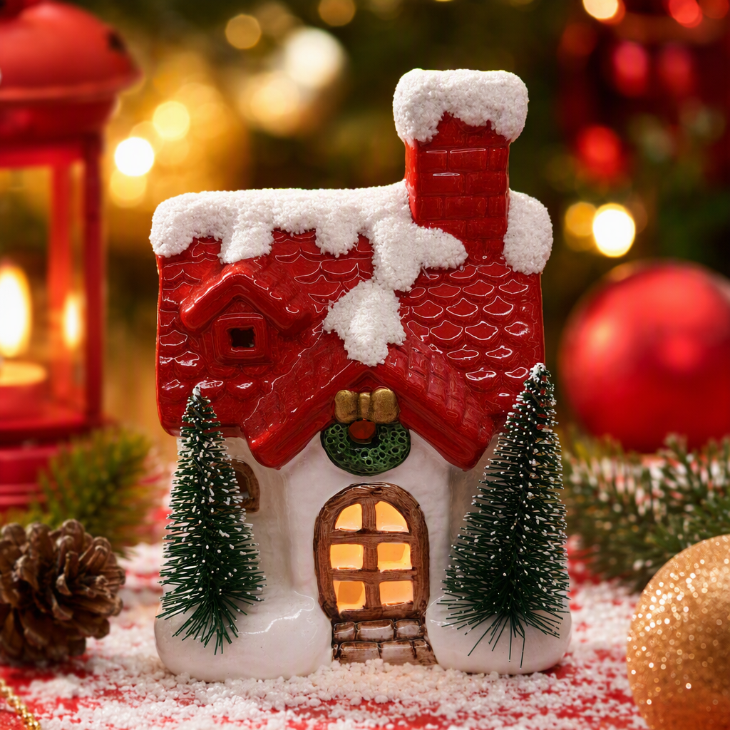 Red-roofed snow scene house ornaments, Christmas decorations, warm snow scene models, home decoration items Specification image
